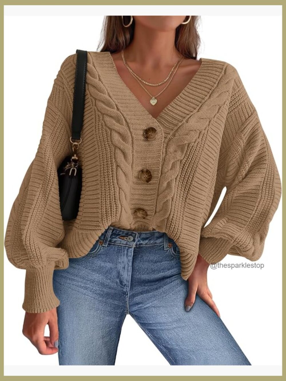V Neck Long Sleeve Chunky Cable Knit Button Cardigan, Cozy Oversized